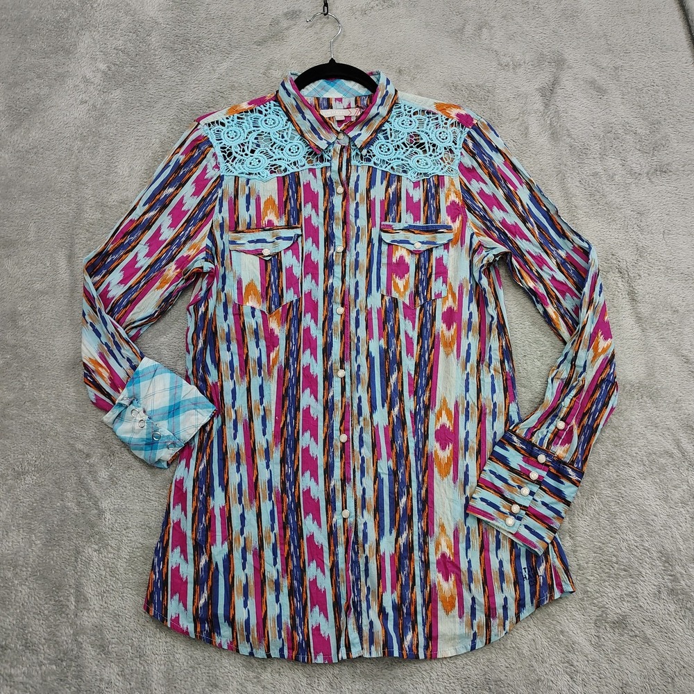 Tin Haul Top Womens L Western Pearl Snap‎ Watercolor Aztec Flip Cuff Crochet